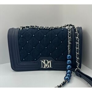 NEW Badgley Mischka Denim Pearls Crossbody Bag Purse Blue Quilted Jean Statement